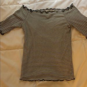 Caution to the wind striped off the shoulder top